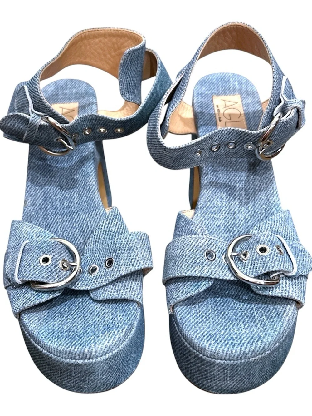 AGL Sista Denim Covered Block Heeled Sandals Size 39 US 8.5 in Blue Jeans Y2K